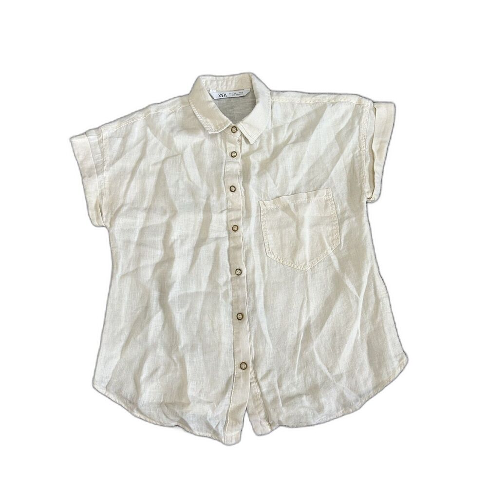 Zara white linen button-down short sleeve shirt L